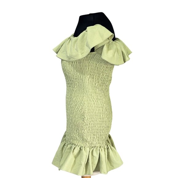 Off-Shoulder Ruffled Smocked Green Mini Dress By Shein XS - Picture 2 of 8